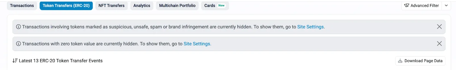 Etherscan showing potential spam